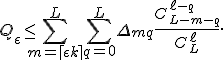 Q_\eps \leq \sum_{m=\lceil \eps k\rceil}^L \sum_{q=0}^L \Delta_{mq} \frac{C_{L-m-q}^{\ell-q}}{C_L^\ell}.